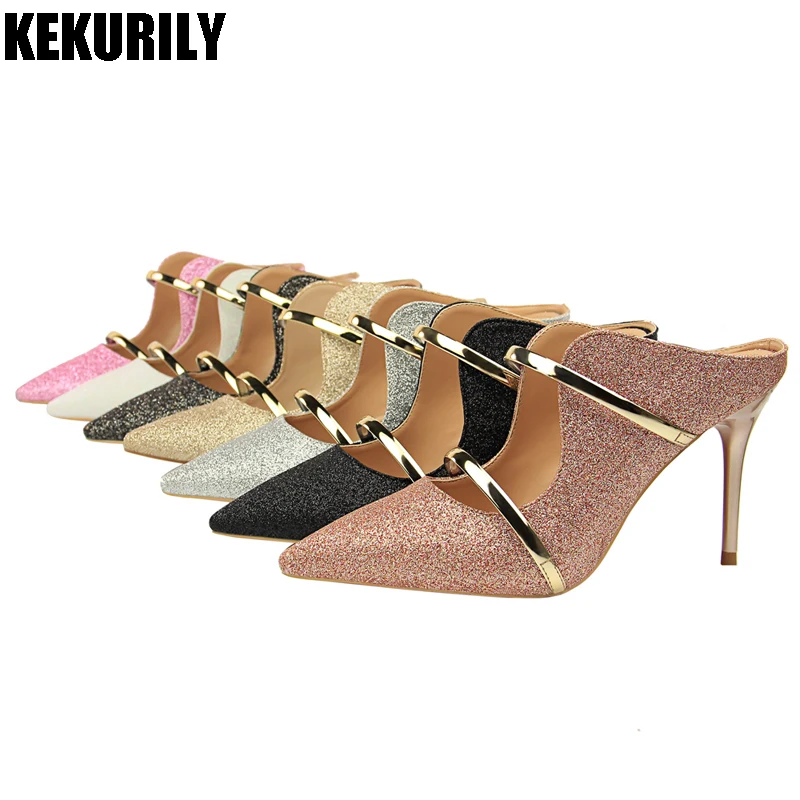 baratas Sapatos Mulher brilho bling do dedo do pé apontado Mulas de salto alto Desliza Chinelos senhoras Sandálias zapatos mujer rosa preto cinza prata ouro