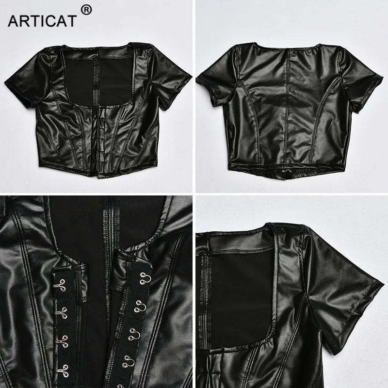 Articat Black PU leather Sexy Corset Crop Tops For Women Single Breasted Short Tank Top Summer Solid Casual Women Crop Top Tees