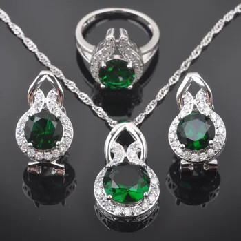 

Silver Color Jewelry Sets Korean Style Green Zirconia Earrings Pendant Necklace Rings For Women Top Qualtiy QZ0264