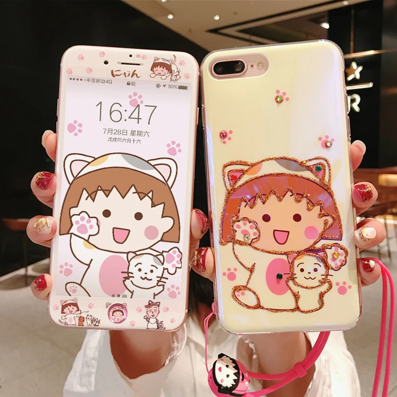 Maruko bling case for iPhone 7/8 plus cute rhinestone soft cover & tempered glass front film for iPhone 6 6s + strap+ sticker