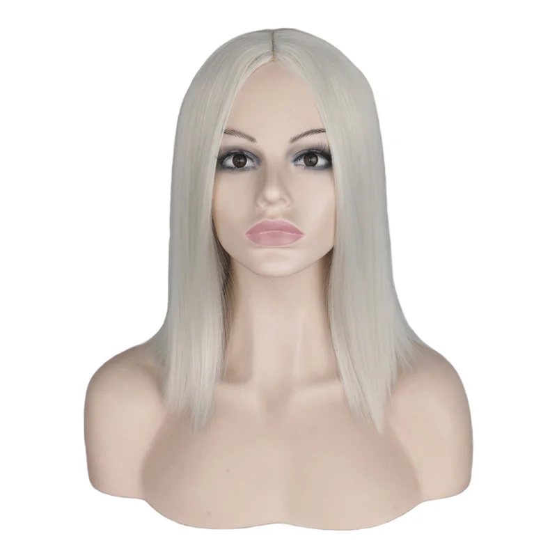 QQXCAIW Short Bob Wig Straight Sliver White Blonde Cosplay Party Costume High Temperature Fiber Synthetic Hair Wigs ranyu genshin impact klee wig synthetic straight short blonde game cosplay hair heat resistant wig for party