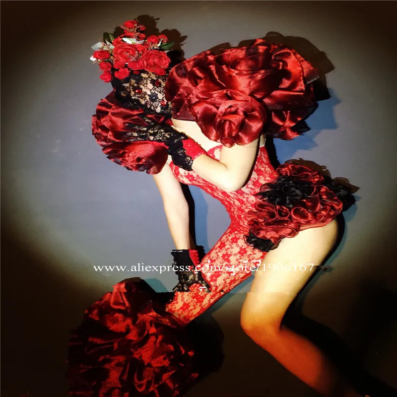 Red flowers lace dress dj ballroom dance costumes outfit rose party wears bar stage show catwalk performance clothe prom dj6
