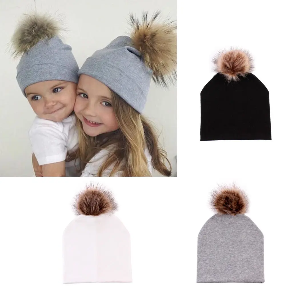 

Newborn Baby Boy Girl Fur Pom Hat Winter Warm Cotton Bobble Beanie Cap New