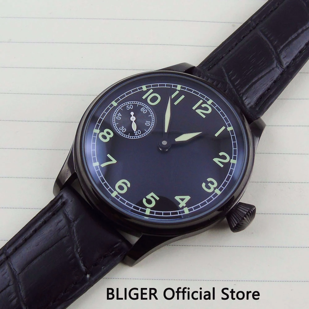 

Sport 44mm Black Nologo Dial Men's Time Watch PVD Coated Case Green Marks Luminous Mechanical 6497 Hand Manual Movement