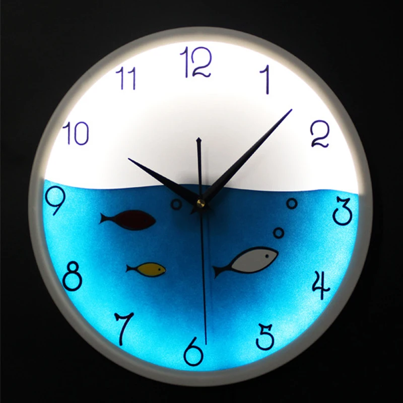 OUYUN LED Luminous Night Lamp Cute Little Fish Hanging Watch Mediterranean Mechanics Circular font b Wall