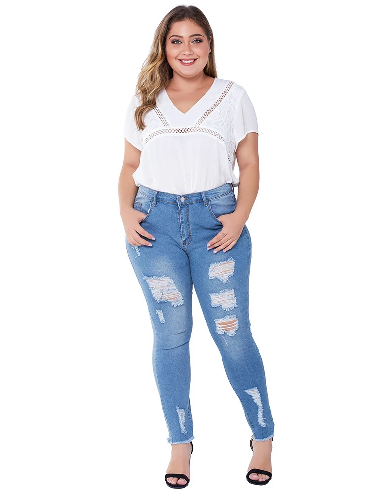 JoursNeige рваные джинсы для женщин полных мм размера плюс, узкие Стрейчевые джинсы, женские обтягивающие повседневные джинсовые брюки-карандаш, женские брюки