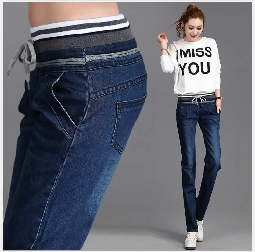 Осень Slim Fit Длинные джинсы лагер Размеры брюки с эластичной резинкой тонкие, ребристые Повседневное ремень Для женщин джинсы синий
