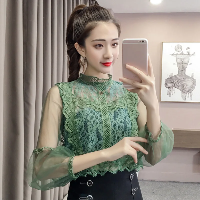 

Lace Transparent Floral Lantern Sleeve Women Blouses Mesh Ultra Thin Black White Shirts Female Autumn Summer Sexy Ladies Tops