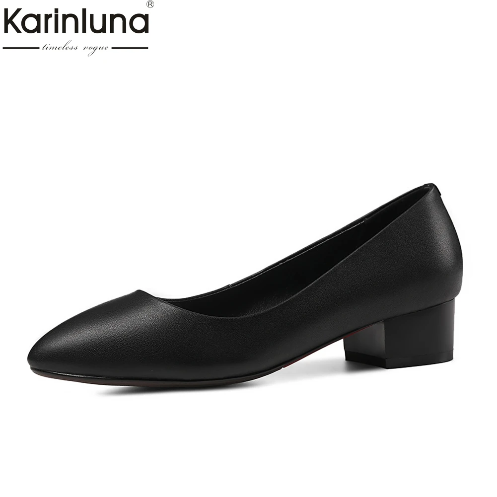 

KarinLuna New Nature Cow Genuine Leather Big Size 32-43 Comfortable Square Heels Spring Shoes Woman Pumps Black women's Shoes