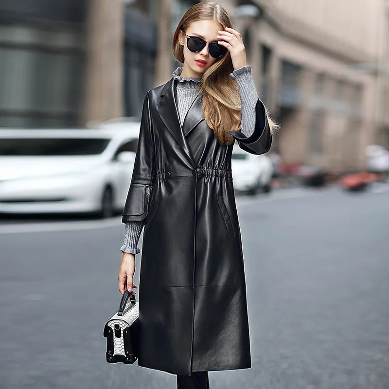 

Real Sheepskin Coat Women Autumn Winter Slim Long Natural Leather Jacket Female Fashion Black Ruffles Sleeve Womens Coats Luxury