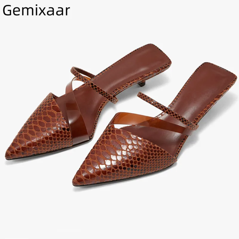

Serpentine Slippers Shoes Women Cover Pint Toe Slim Shallow Decor Narrow Band Slids Fashion Concise Med Thin Heel Slippers Woman