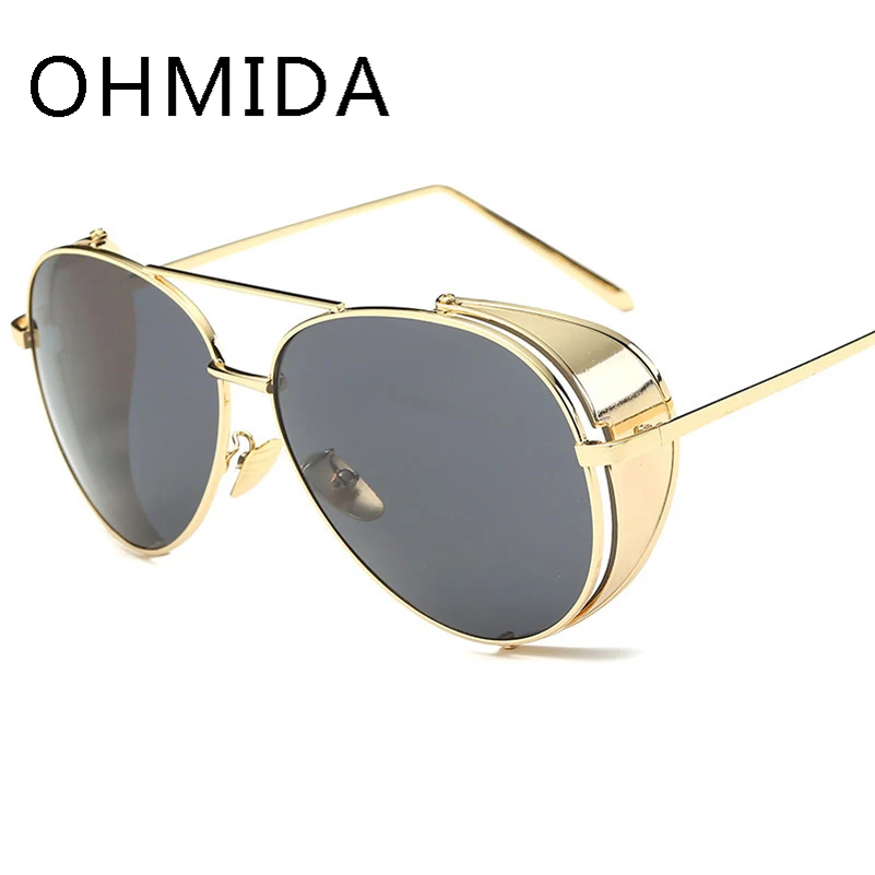 OHMIDA New Fashion Oversized Sunglasses Men Mirror Vintage Luxury Brand Designer Sun Glasses Women Metal font