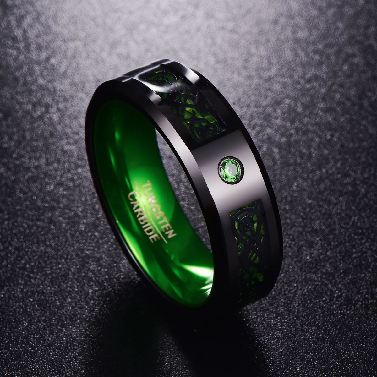 Мужские кольца с зеленым цирконием, углеродное волокно, вольфрам, карбид, обручальные кольца, Anillos para hombres, черный дракон, ювелирные изделия