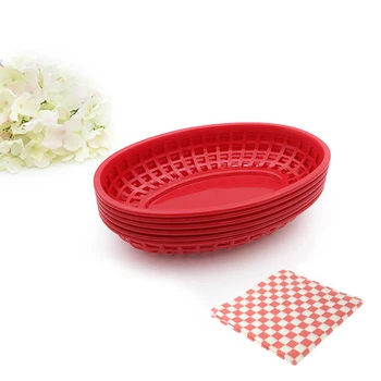 

6pcs 9.5in French Fry Basket and 24pcs Wax Paper Fast Food Basket Oval Plastic Serving PlatterBlack Bandeja plastico