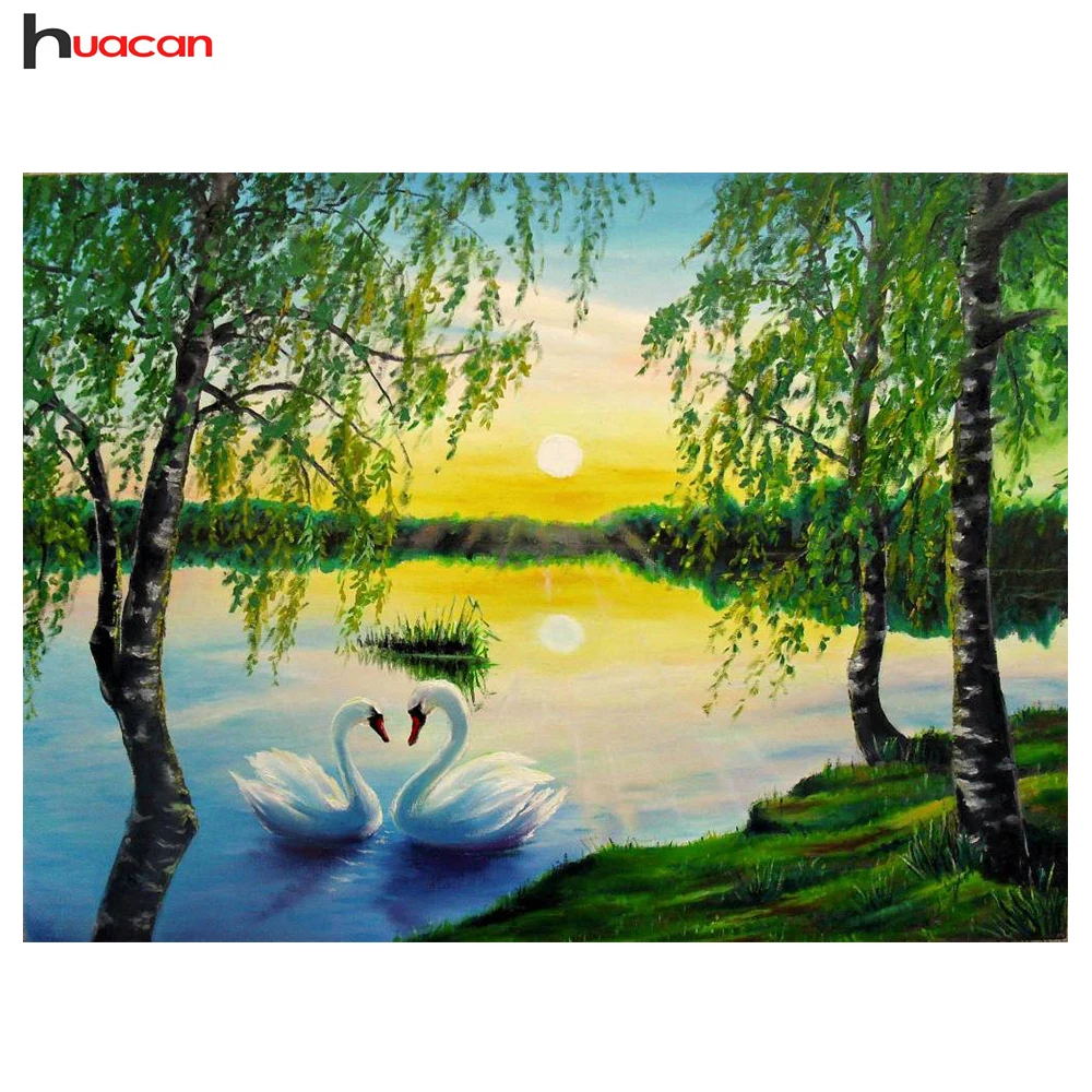 

HUACAN 5D Swan Lake Diamond Painting DIY Full Round Diamonds Embroidery Mosaic Cross Stitch Needlework for Decoration MH129