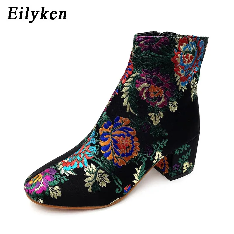 

Eilyken 2018 New Arrive Fashion Embroidered Flowers Ankle Boots Women Square heel Ankle Boots Autumn Winter Women shoes