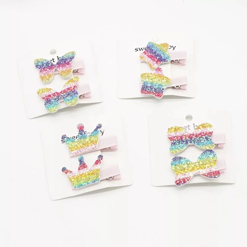 

5Pairs=10Pcs Cute Rainbow Hair Clips Girls Bow Crown Star Barrettes Shiny Sequins Paillette Hairpins Hair Accessories Hairgrips