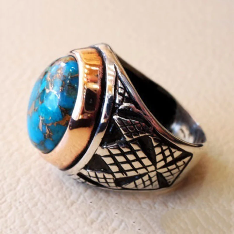 Винтаж натуральный голубой бирюзовый кольца для мужчин и женщин под старину натуральный камень морской опал палец кольцо свадьба юбилей Бохо ювелирные изделия