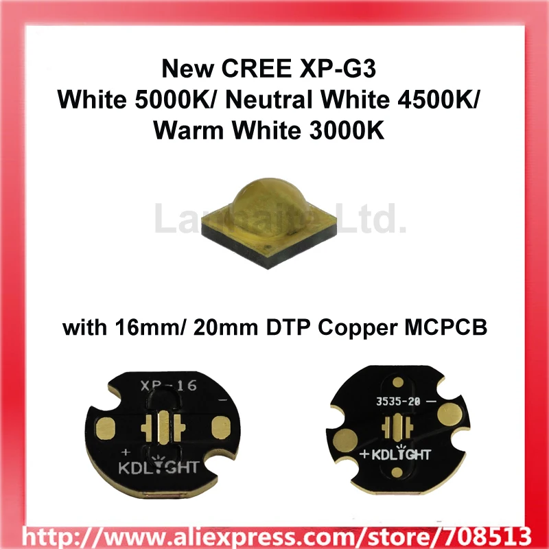 

New CREE XP-G3 White 5000K / Neutral White 4500K / Warm White 3000K LED Emitter with 16mm/ 20mm Copper MCPCB - 1 pc