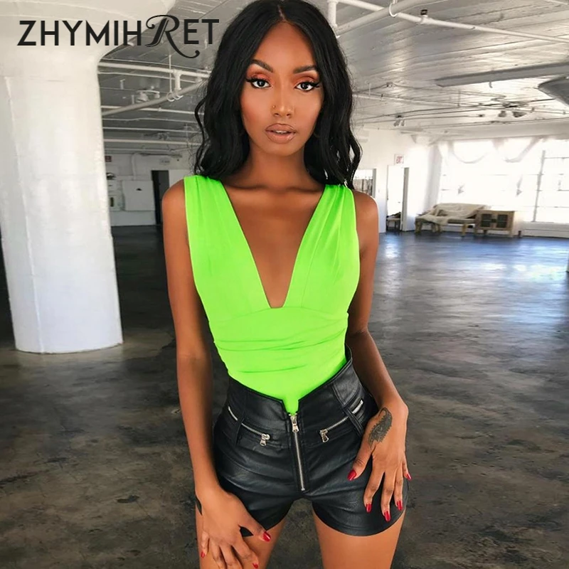 ZHYMIHRET 2018 الخريف النيون اللون Ruched ارتداءها المرأة مثير ديب V الرقبة عارية الذراعين بذلة النساء نحيل مضان السروال القصير
