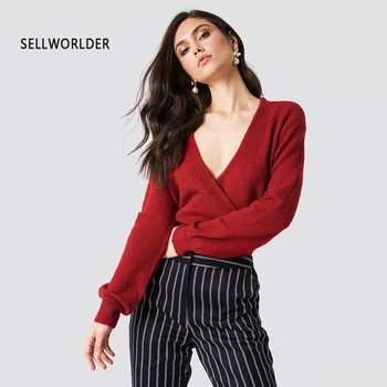 

Autumn 2019 New Arrival Women's casual Simple Sweater Cross Wrap Solid Deep V Neck sexy top