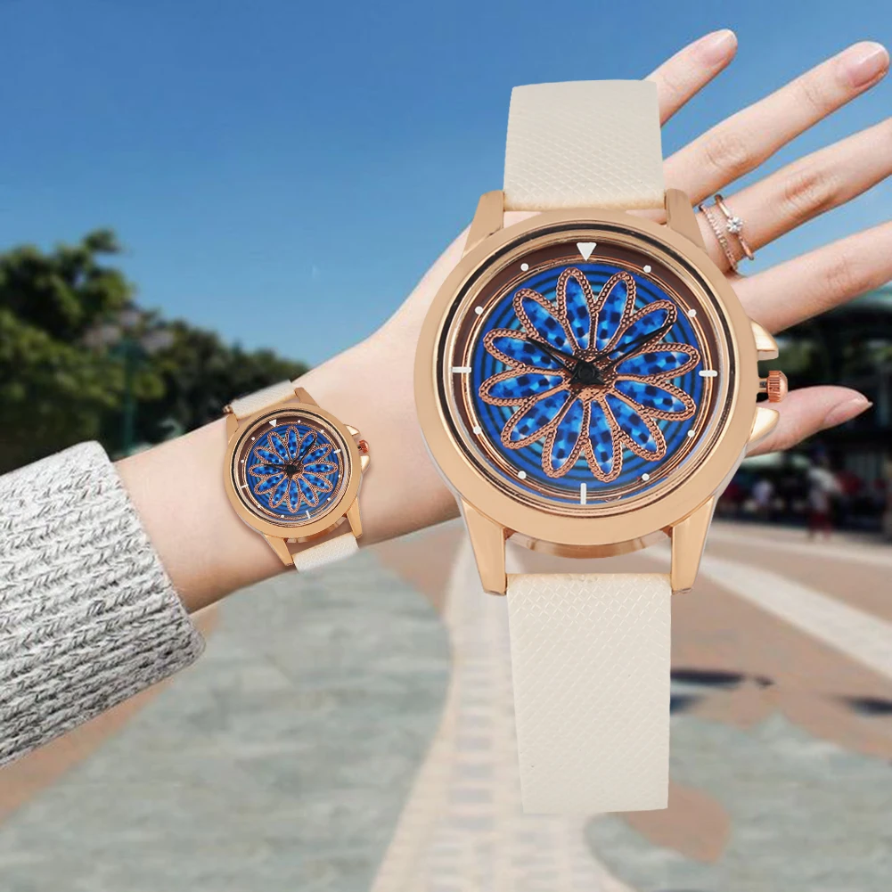 

Women's Exquisite White Leather Strap Quartz Watch Blue Rotatable Ornament Rhinestone Dial Watch Fashion Gold Case Wristwatch