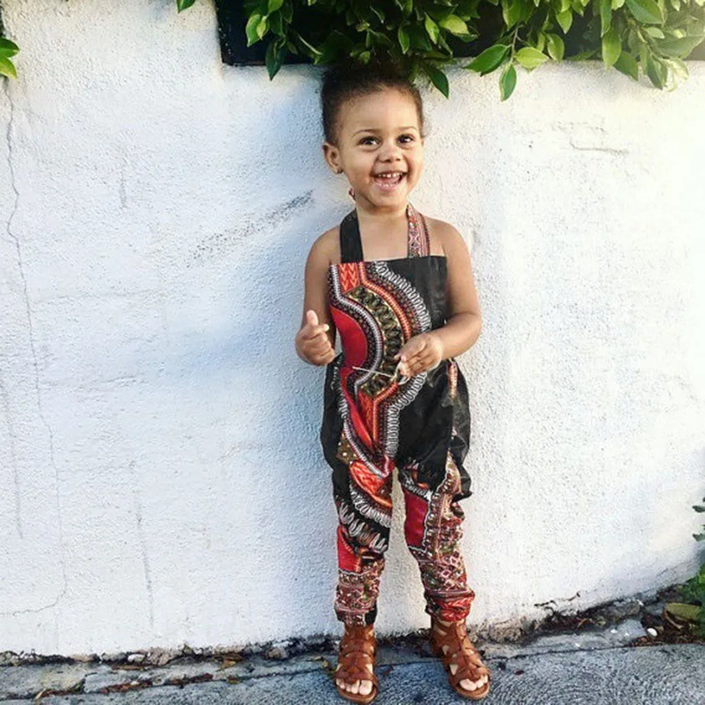 2PCS Toddler Kid Baby Girl African Print Sleeveless Romper Headband Jumpsuit Set
