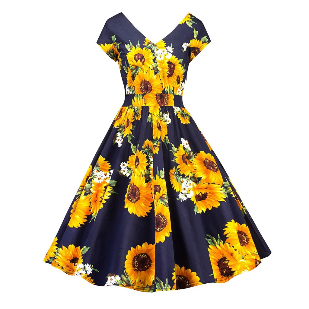 

Evening Party Event Elegant Long Dress Summer Ladies Sunflower Print short-sleeved V-neck Halter Dress Outdoor Casual Ball Gown