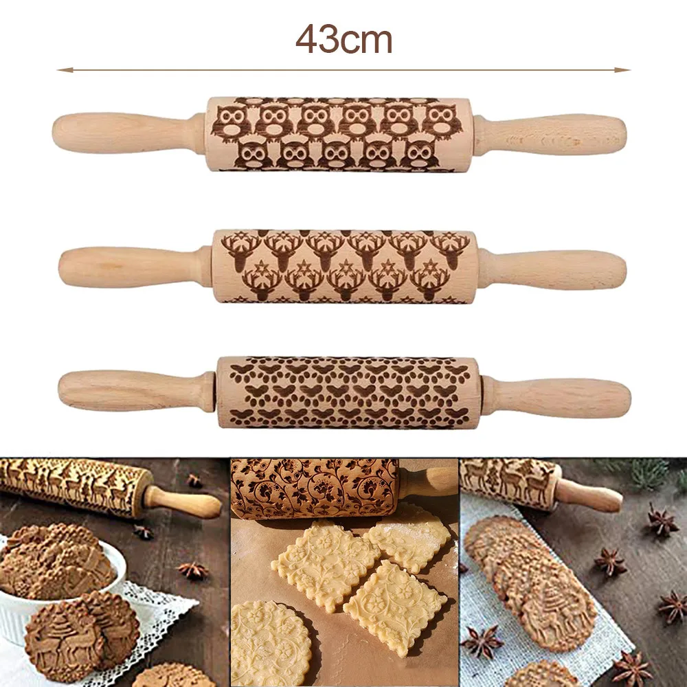 Buy Christmas Rolling Pin Engraved Carved Wood