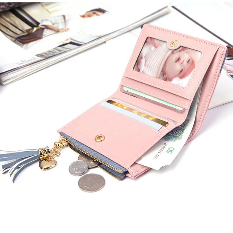 Women Wallet Female Short Paragraph Coin Purse Color Wallet Women Small Fold Wallets Tassel Zipper Button Bag Credit Card Holder (8)