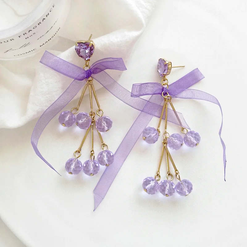 

Lace-up Ribbon Lace Bowknot Butterfly Tie Clip on earrings No Pierced Crytal Beaded Long Clip earring for Women without hole
