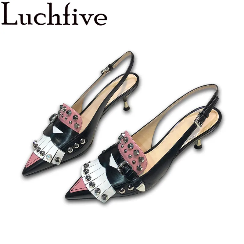 

White Fringe Rivets Slingback Sandals Women Runway Spike Heels Shoes Buckle Strap Pointed Toe Summer Causal Shoes Woman Black