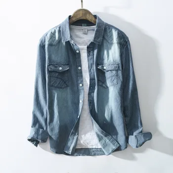 

fashion Mens Denim Shirt Long Sleeve Plus Size Cotton Jeans Cardigan Casual Slim Fit Shirts Men Tops Clothing