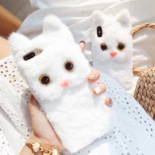 Милая 3D кошка плюшевая повязка для волос чехол для телефона для iPhone 10 X XR 6 6s 7 8 плюс мягкая зимняя белая кошка пух задняя крышка для iPhone XS Max чехол
