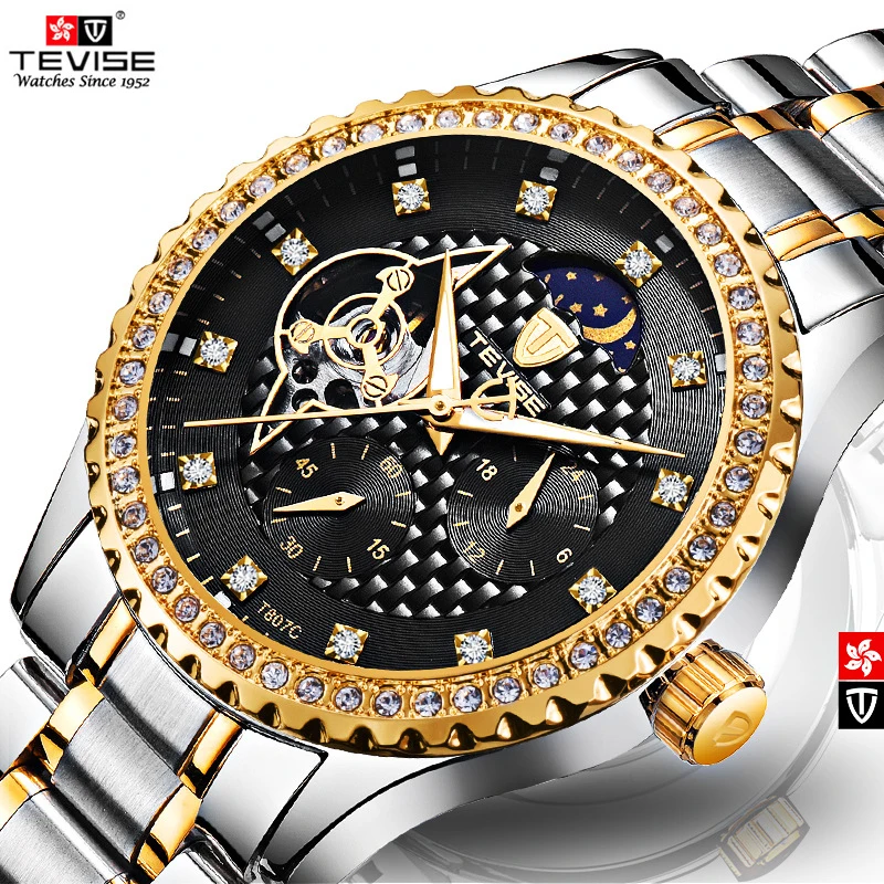 

TEVISE relogio Moon Phase Tourbillon Watch Men Mechanical Watches Automatic Watch Clock Men Luxury Diamond Waterproof Wristwatch