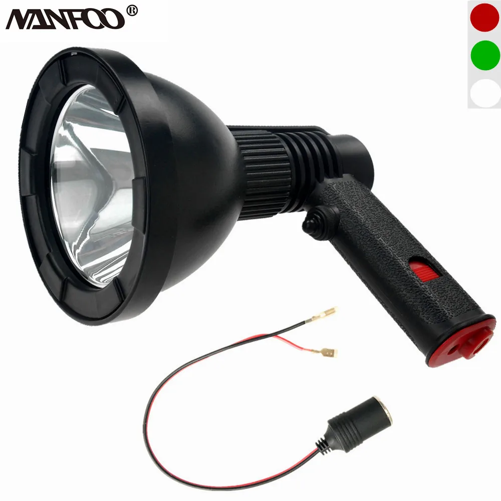 

12V 125mm Perfect Spot Beam CREE XML2 T6 1200LM 10W LED White/Green/Red Hunting Lights Handheld Spotlight with 12V Female Plug