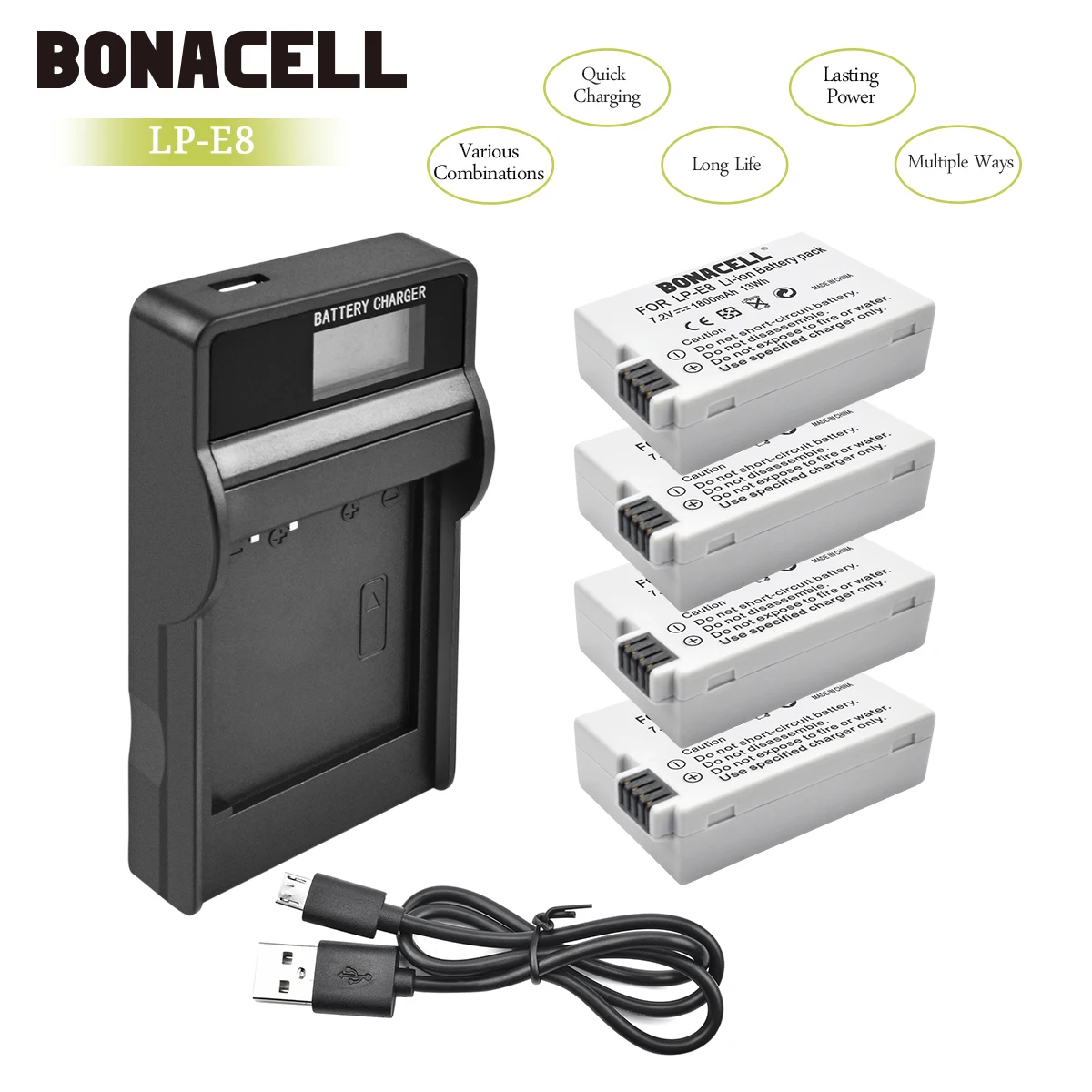 Bonacell LP-E8 LP E8 LPE8 Камера Батарея+ ЖК-дисплей Зарядное устройство для цифровой однообъективной зеркальной камеры Canon EOS 550D 600D 650D 700D поцелуй X4 X5 X6i X7i Rebel T2i T3i T4i L10 - Цвет: 4X Battery Charger