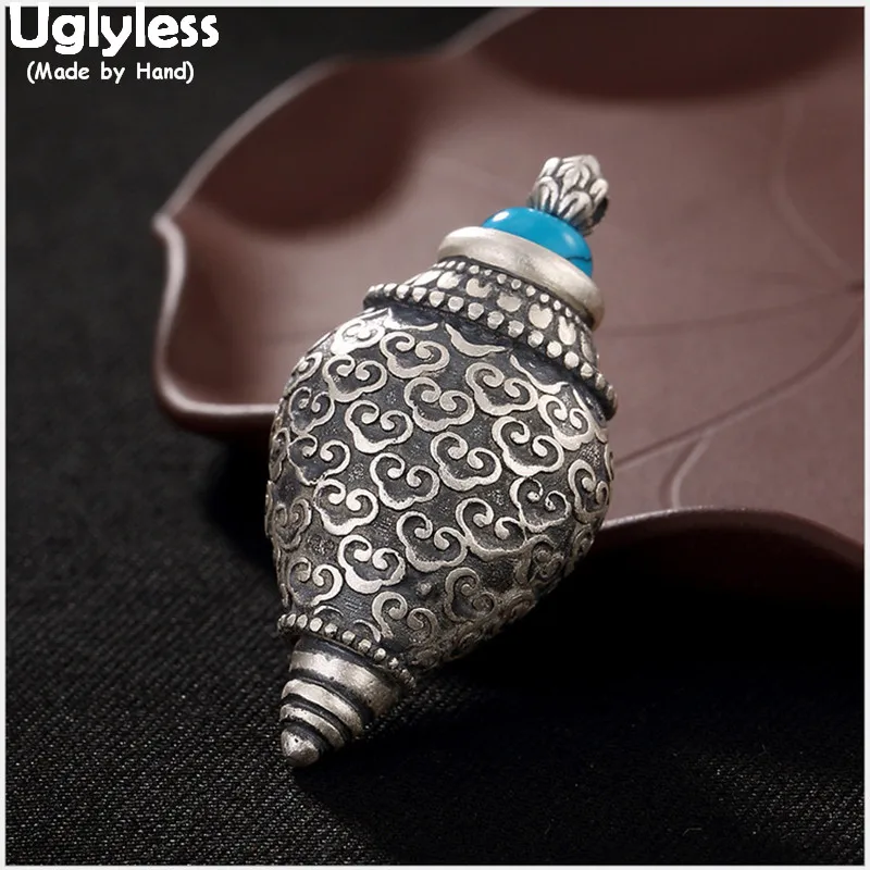 

Uglyless Real 999 Fine Silver Handmade Buddha Conch Pendant without Chain Openable Gaudencio Box Jewelry Retro Turquoise Bijoux