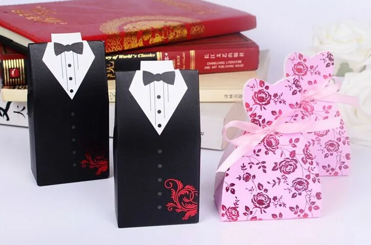 Creative Tuxedo Dress Groom  Gown Bridal Case Ribbon Wedding New Candy Favor 