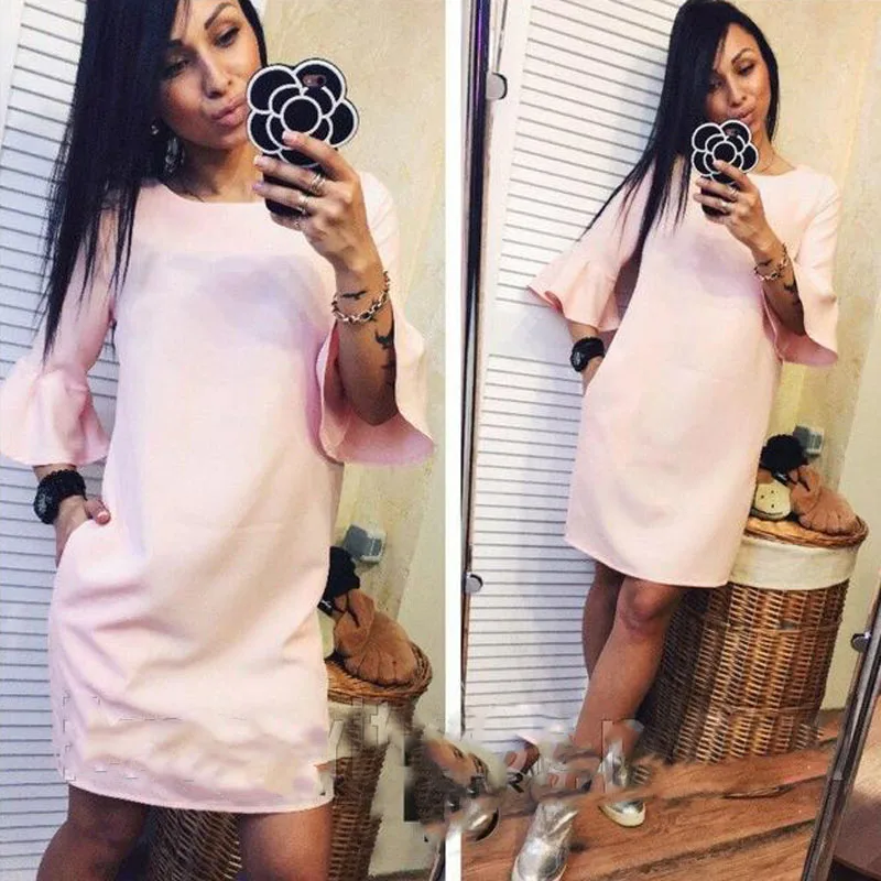 Uncinba 2017 мимоходом прямо dress для женщин половина рукава о-образным вырезом flare