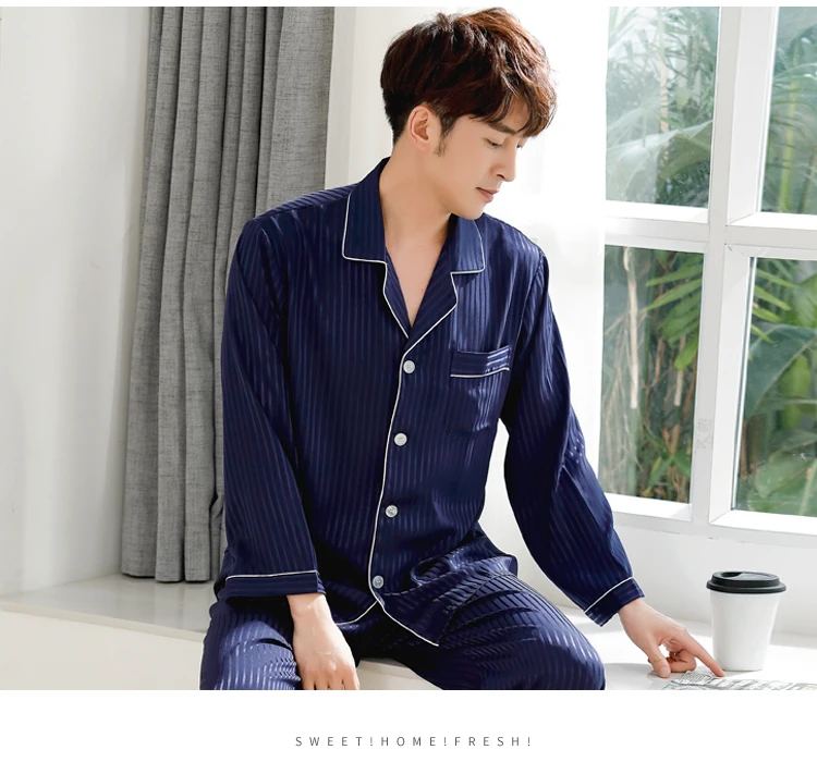 Middle Aged Men's Spring Autumn Pajamas Suits Two Piece Fake Silk Pajama Thin Night Wearing Clothes For Men 2018 New JW330 (5)