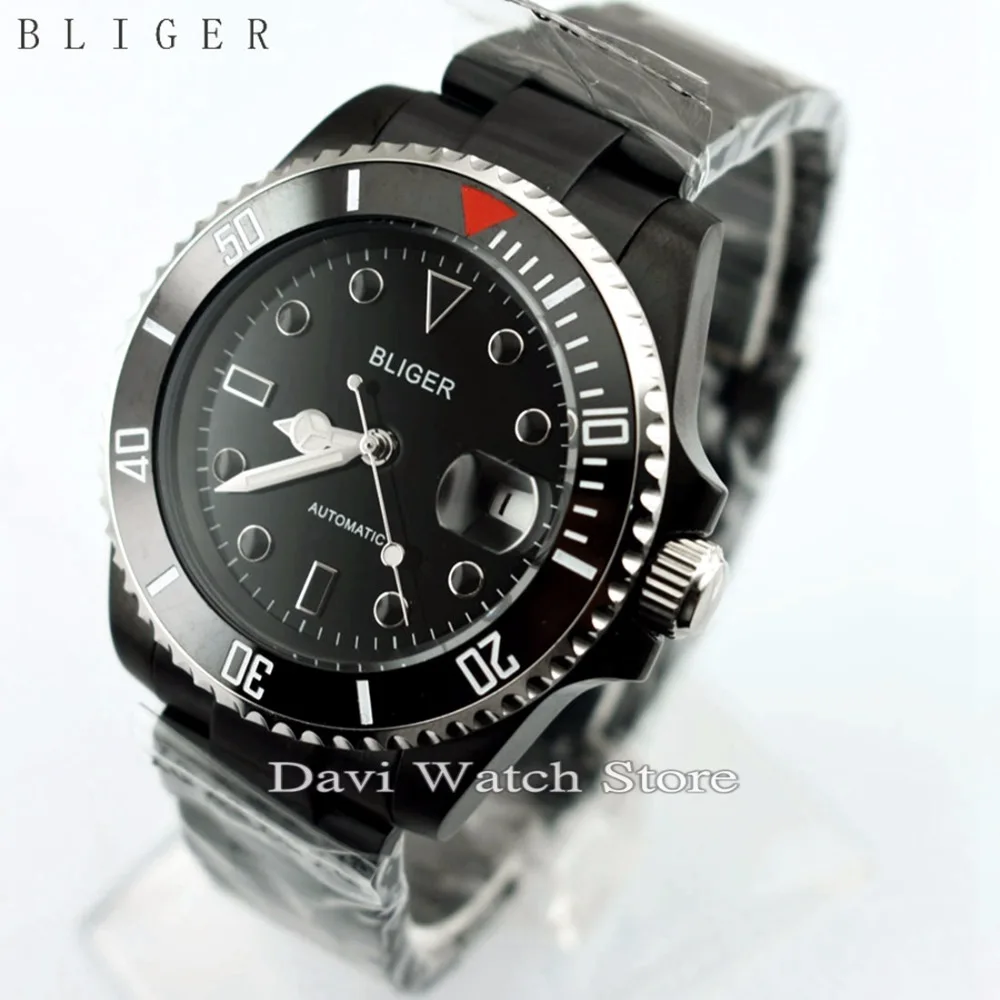 

40MM BILGER BLACK CERAMIC BEZEL CASE LUMINOUS HANDS SAPPHIRE GLASS AUTOMATIC DATE MENS WATCH