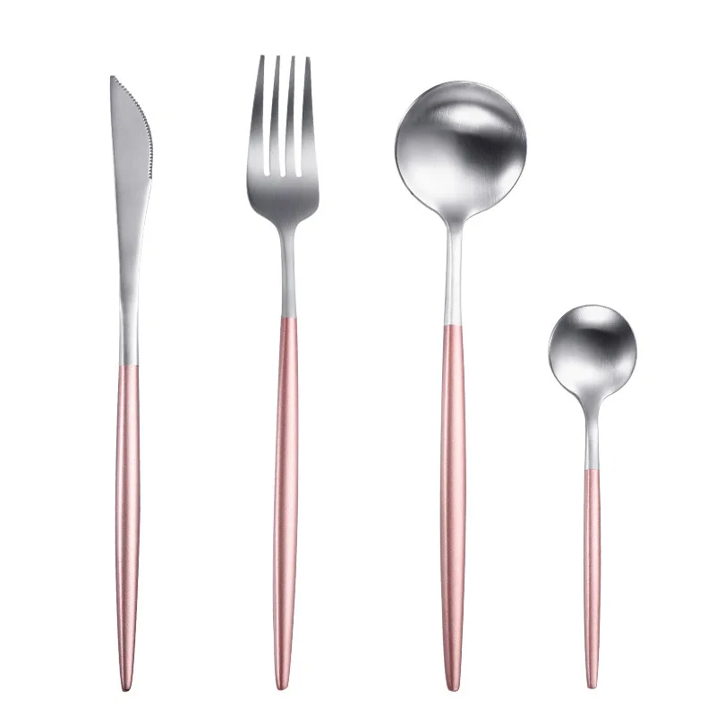Набор столовых приборов Десертные Вилки Ножи Ложки палочки для еды нержавеющая сталь столовое серебро стейк посуда матовые серебряные столовые приборы посуда - Цвет: pink silver