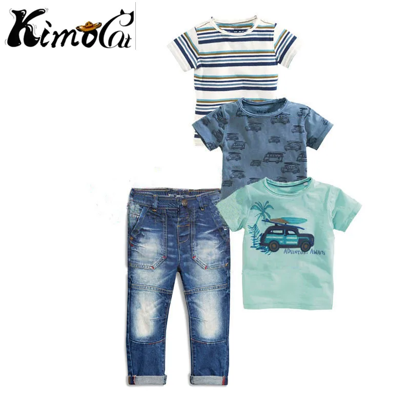 

Kimocat new kids clothes summer boys clothes 4pcs Short sleeve T-shirt Boy car four single T jeans suit