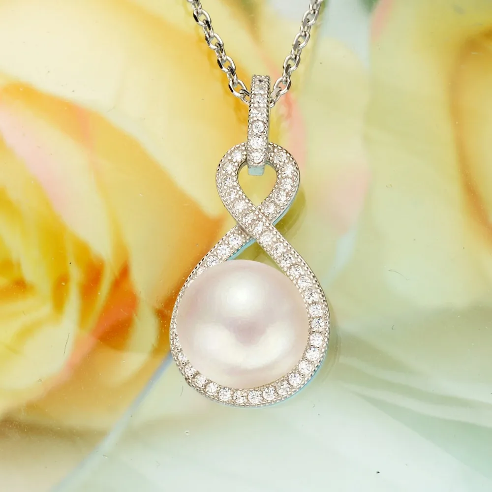 

Tuliper 925 Sterling Silver Infinity Bridal Necklace Cubic Zircon Ivory Freshwater Cultured Pearl Wedding Jewelry 10M