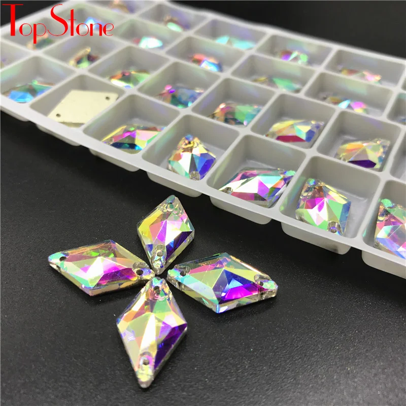 

TopStone AB 11x19mm Rhombus Sew On Rhinestone Glass Crystal Flatback For Sewing Strass Dress Clothing