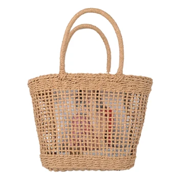 

FGGS 37x25CM Simple And Generous No Decorative Plain Color Net Hollow Textured Woven Bag Popular Straw Bag Handbags(brown)
