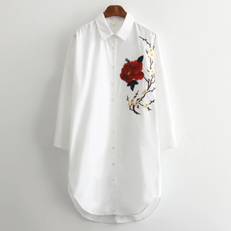 

New Fashion Women elegant embroidery Three Quarter sleeves white Shirts Casual Loose Blouses Tops chemise femme blusas S1319