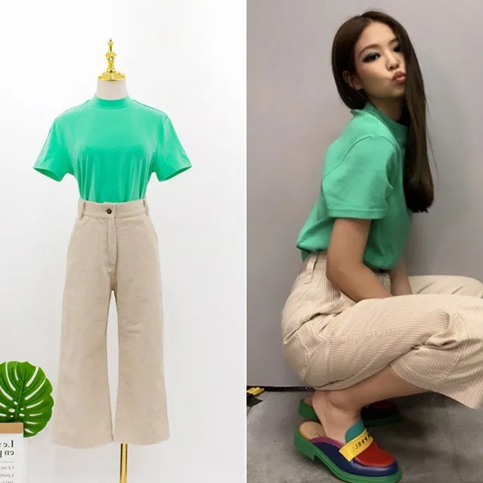 

kpop Blackpink JENNIE 2019 new Harajuku stripe high waist pants tshirt two piece set women summer loose 2 piece set girl clothes