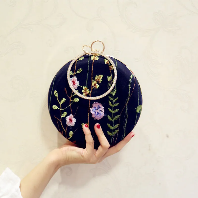 

Luxury Flower Embroidery Evening Bag Women's Circular Ring Flower Clutches Round Shape Wedding Party Purse